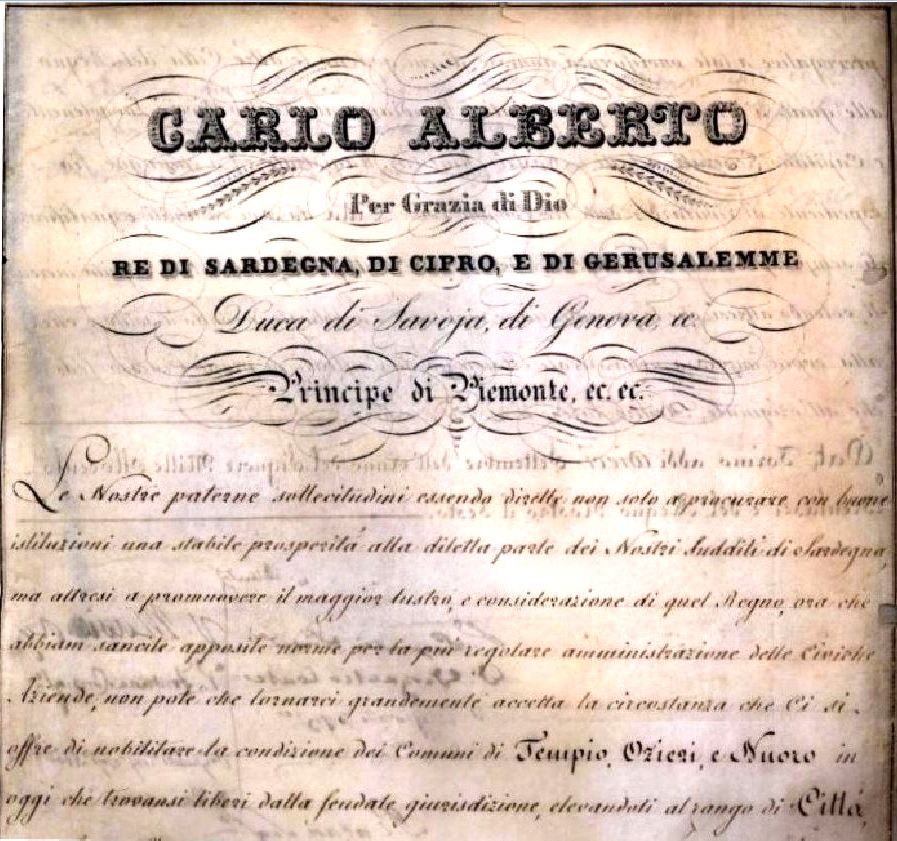 Archives d'État de Cagliari, élévation de Tempio au rang de ville du Royaume, 1836