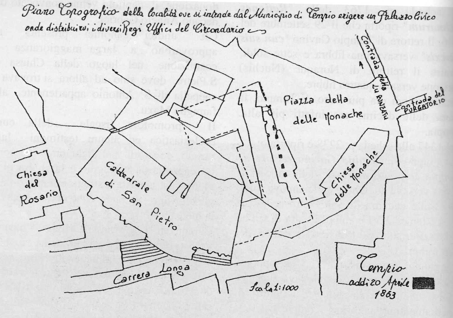 Historical archive of the municipality of Tempio, map of piazza delle monache, 1863