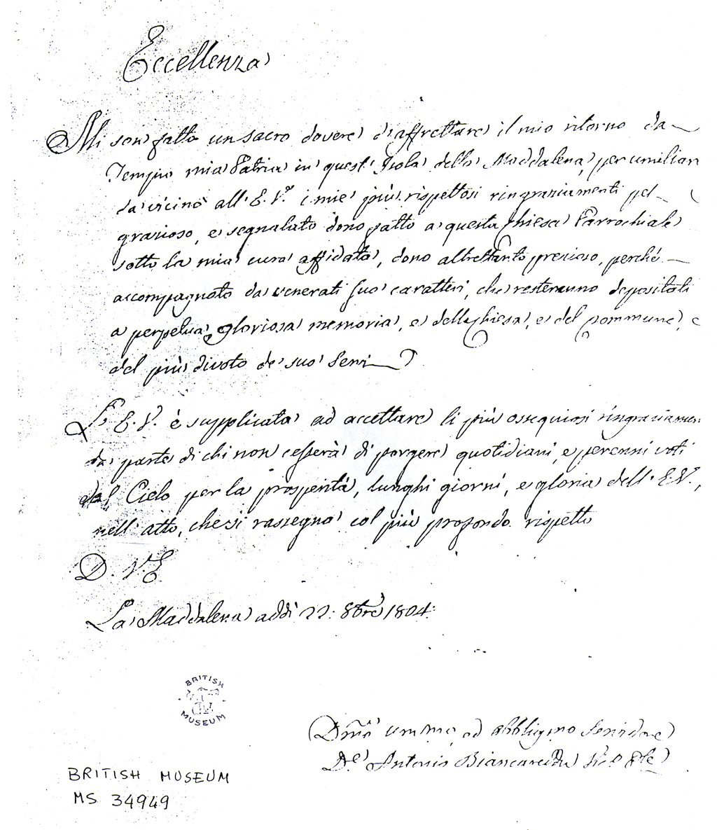 Letter to Nelson from the parish priest Biancareddu